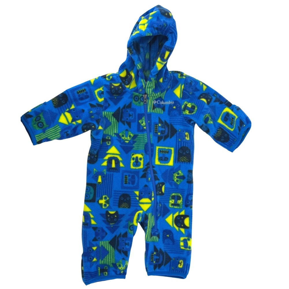Columbia Baby Fleece Bunting 0-3 Months Blue Geometric Animal Print Hooded Warm